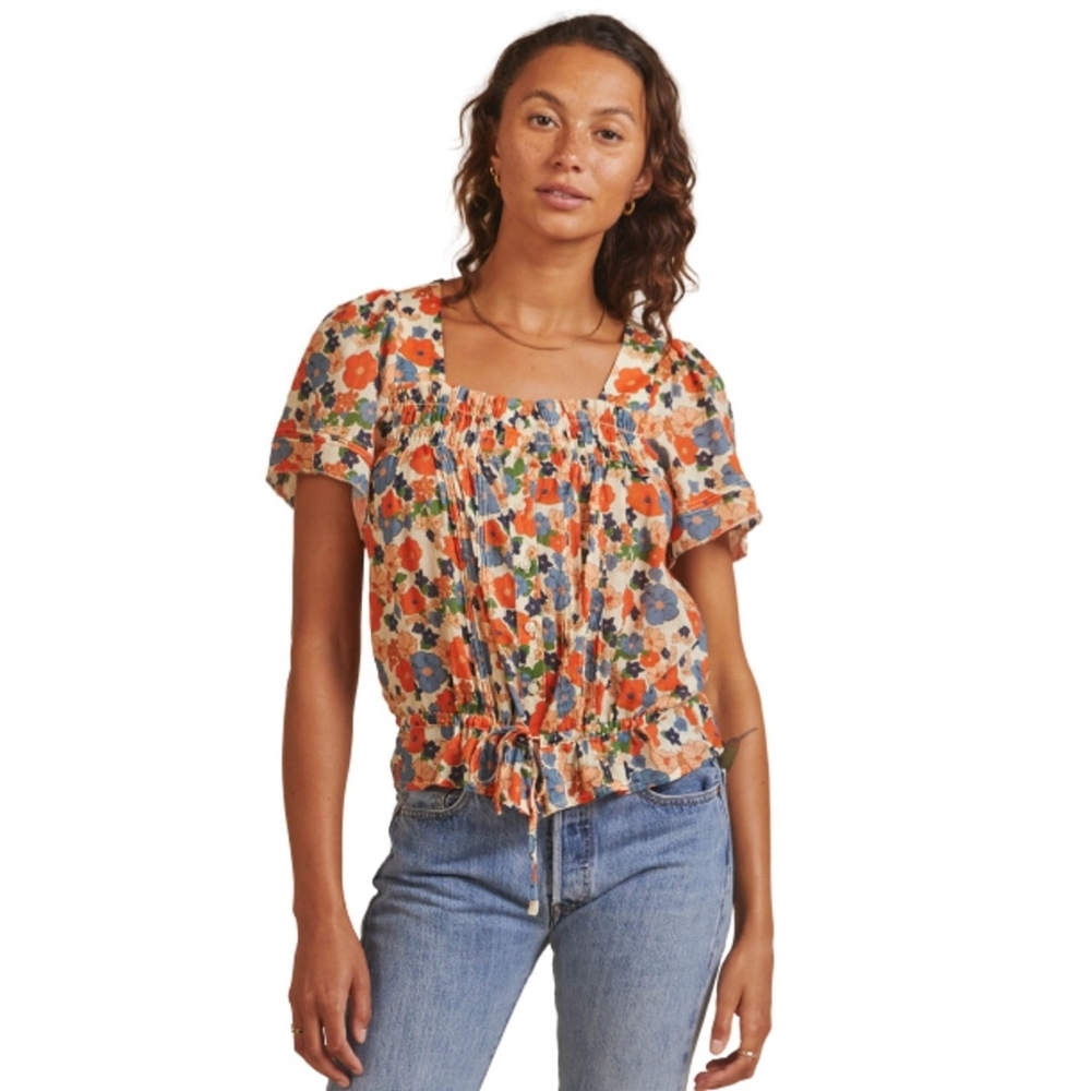NWT Trovata Lorita Blouse Marina Floral Print Top Square Neck Drawstring SiZ M